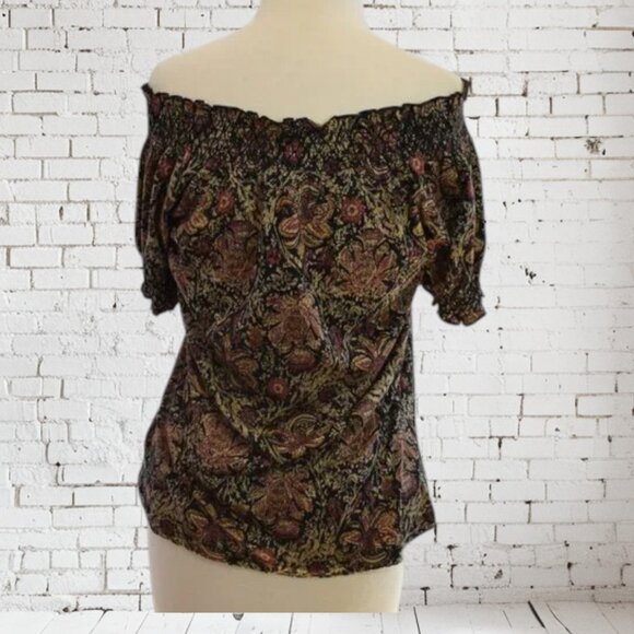 NWT Lauren by Ralph Lauren Smocked Short Sleeve Shirt Floral Off-the-Shoulder - Picture 2 of 6